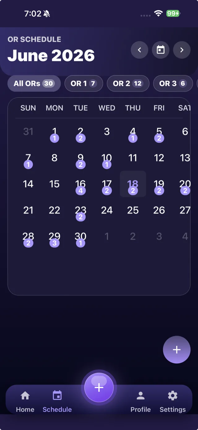 02 · Multi-facility scheduling calendar with synthetic demonstration cases