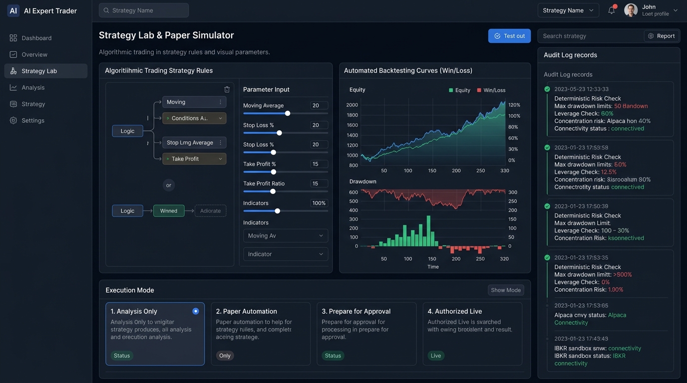AI Expert Trader Strategy Lab with paper trading simulator, backtesting curves, and audit logs