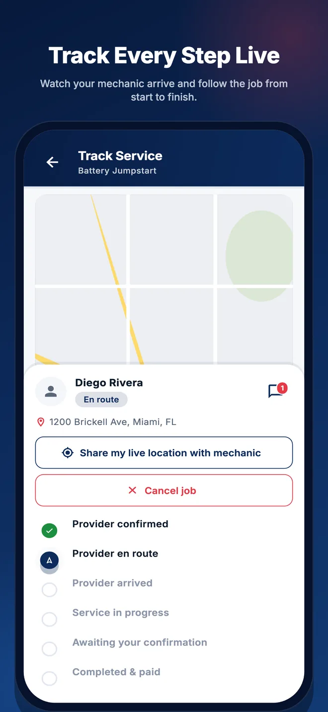 03 · Live mechanic arrival dispatch and real-time job status milestone tracking